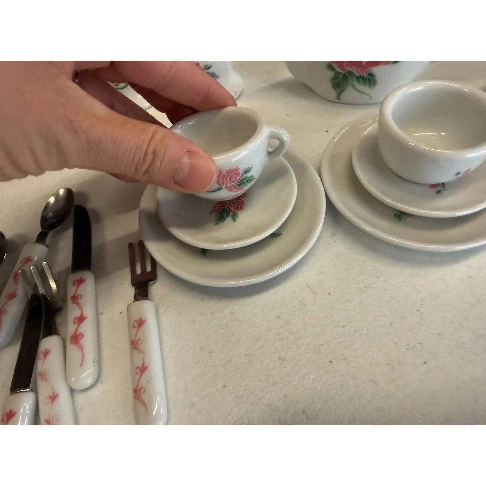 Vintage Frenzy Toys Mini Tea Set Pink Rose Porcelain Cottagecore‎ Utensils